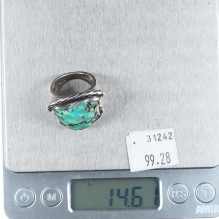 sz7.5 Big vintage Zuni carved turquoise sterling silver ring c1950's