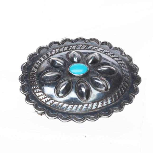 1940's Navajo sterling silver concho pin with turquoise nice stampings/repousse