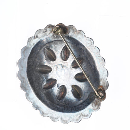 1940's Navajo sterling silver concho pin with turquoise nice stampings/repousse