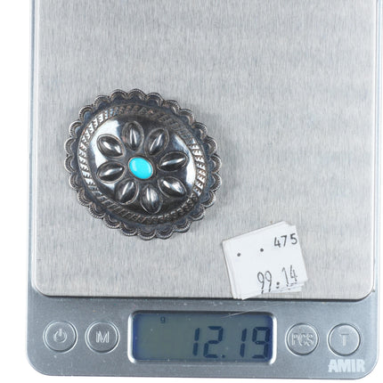 1940's Navajo sterling silver concho pin with turquoise nice stampings/repousse