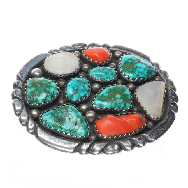 Vintage Navajo sterling silver waterweb turquoise, coral, shell belt buckle