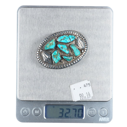 c1950's Small vintage Zuni sterling silver turquoise nugget cluster belt buckle