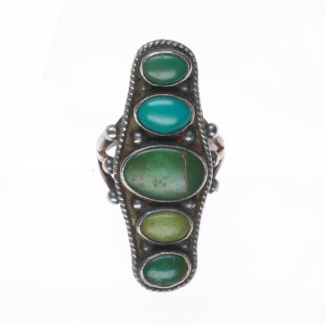 sz6.25 c1930's Vintage Navajo greasy green turquoise long sterling silver ring