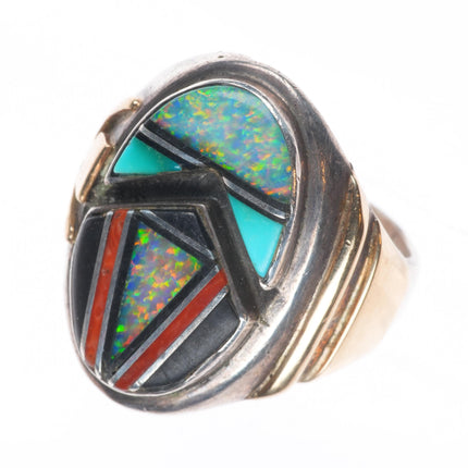 sz11.5 Vintage LJ Navajo sterling silver gold accents channel inlay men's ring
