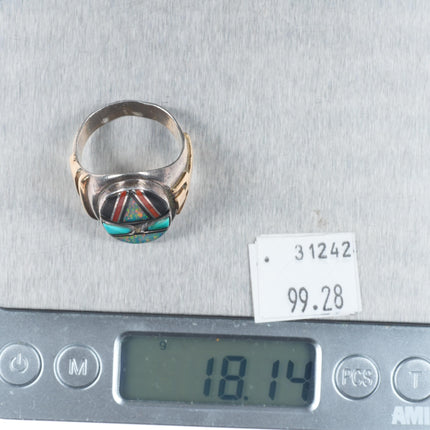 sz11.5 Vintage LJ Navajo sterling silver gold accents channel inlay men's ring