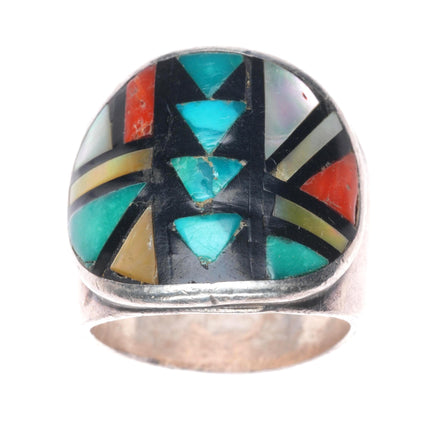 sz11 Big Vintage John & Rosalie Bowannie sterling silver intarsia inlay ring