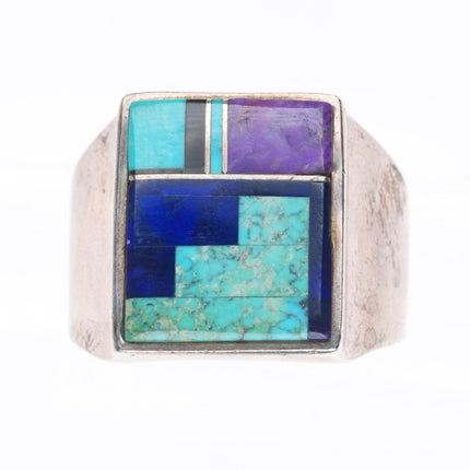 sz12 Vintage Navajo sugilite, turquoise, lapis sterling silver men's inlay ring