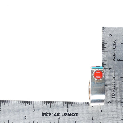 sz7 Richard Tsosie Navajo coral,turquoise, sterling silver bear form ring