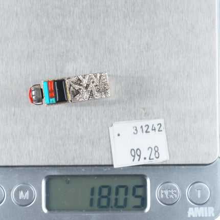 sz7 Richard Tsosie Navajo coral,turquoise, sterling silver bear form ring