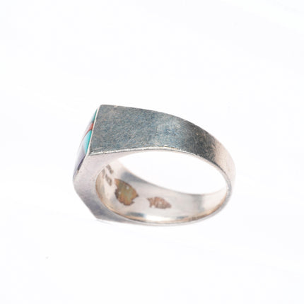 sz10.5 Jim Harrison Navajo sterling silver intarsia inlay turquoise/coral ring