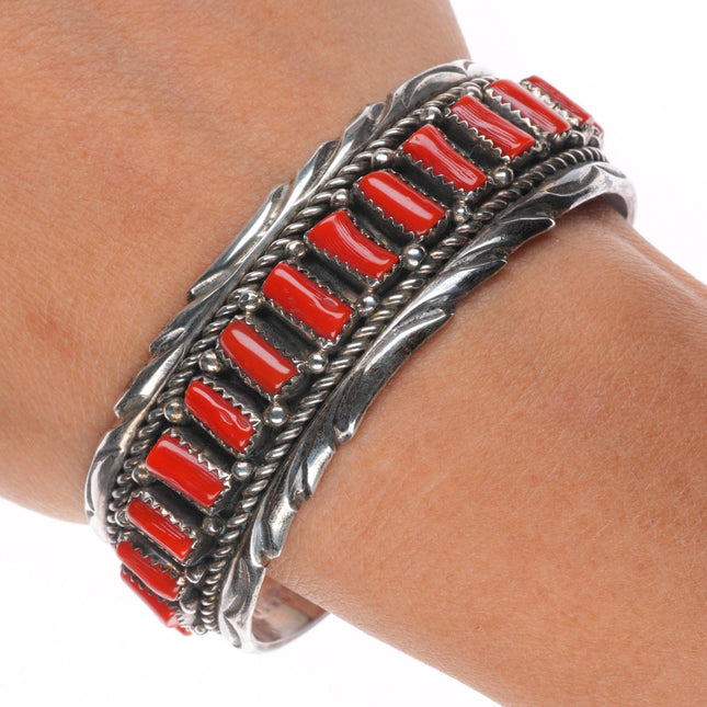 6.5" Melvin Chee Navajo Mediterranean coral sterling silver row cuff bracelet