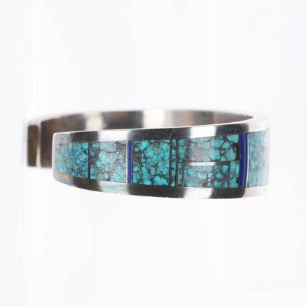 6.5" Herman Smith Navajo sterling silver spiderweb turquoise inlay cuff bracelet