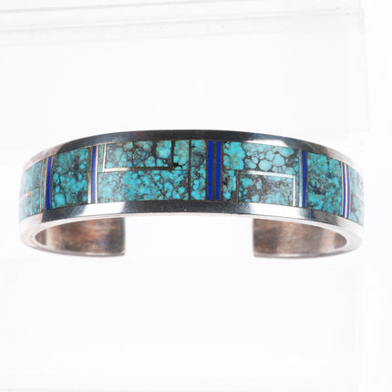 6.5" Herman Smith Navajo sterling silver spiderweb turquoise inlay cuff bracelet