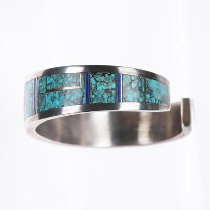 6.5" Herman Smith Navajo sterling silver spiderweb turquoise inlay cuff bracelet