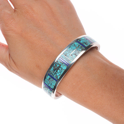 6.5" Herman Smith Navajo sterling silver spiderweb turquoise inlay cuff bracelet