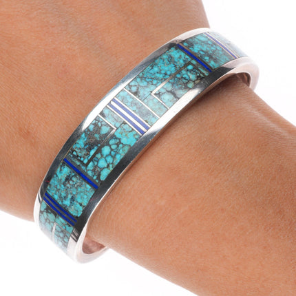 6.5" Herman Smith Navajo sterling silver spiderweb turquoise inlay cuff bracelet