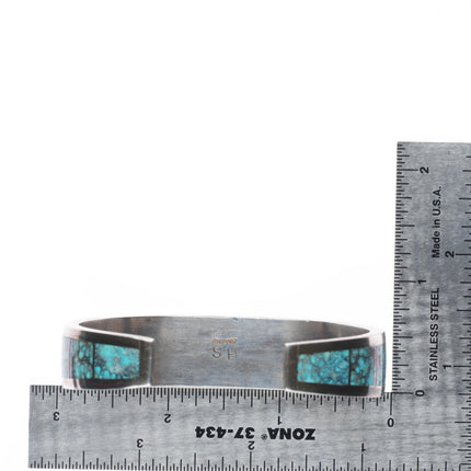 6.5" Herman Smith Navajo sterling silver spiderweb turquoise inlay cuff bracelet