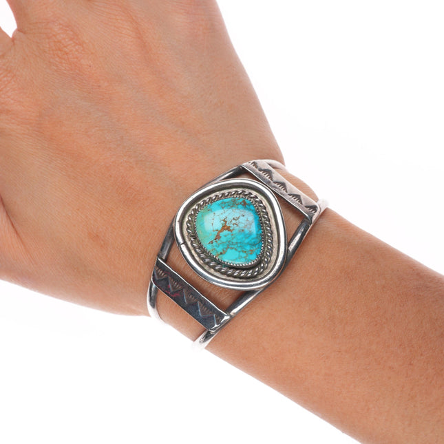 6" Vintage Navajo sterling silver spiderweb turquoise single stone cuff bracelet