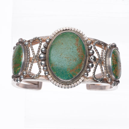 6.5" 30's-40's Navajo Cerrillos turquoise sterling silver 3 stone cuff bracelet