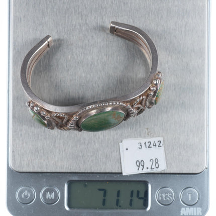 6.5" 30's-40's Navajo Cerrillos turquoise sterling silver 3 stone cuff bracelet