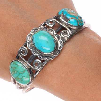 7" 1930's Navajo sterling silver 3 stone cuff bracelet with stamped bezel