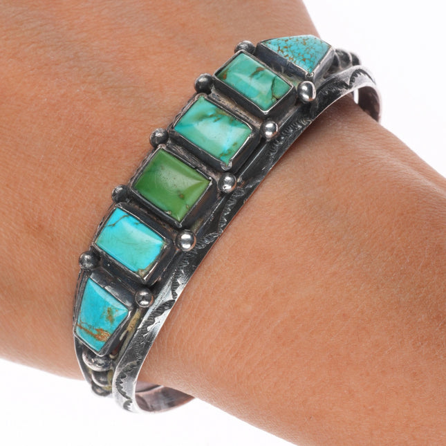 6.9" c1930's Navajo carinated sterling silver turquoise row cuff bracelet
