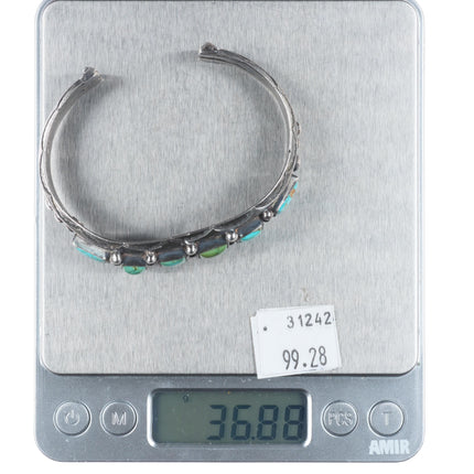 6.9" c1930's Navajo carinated sterling silver turquoise row cuff bracelet