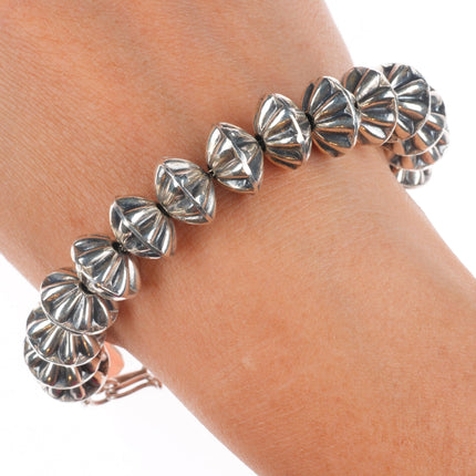 6.9" Vintage Navajo pearls sterling silver fluted beaded link bracelet