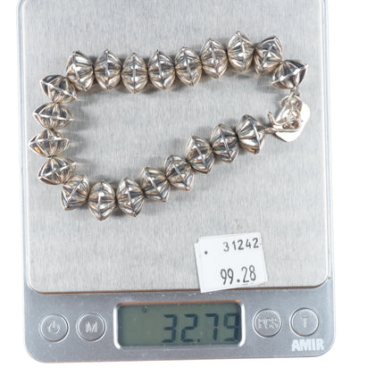 6.9" Vintage Navajo pearls sterling silver fluted beaded link bracelet