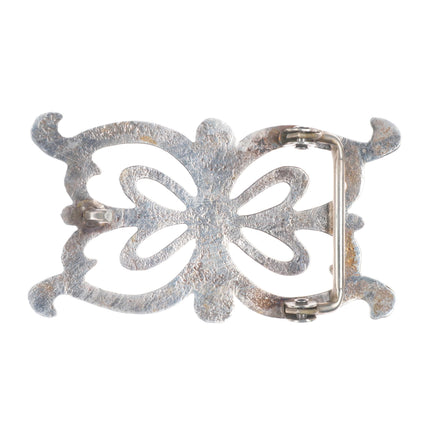 Vintage Navajo sterling silver belt buckle cast Ketoh design with turquoise