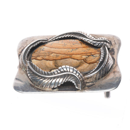 Vintage Navajo sterling silver belt buckle jasper with feather design