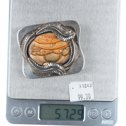 Vintage Navajo sterling silver belt buckle jasper with feather design