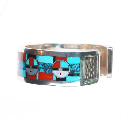 6.5" Gilbert & Mildred Calavaza Zuni inlay sunface sterling silver cuff bracelet