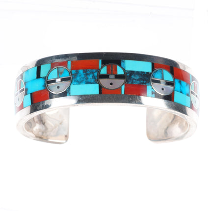 6.5" Gilbert & Mildred Calavaza Zuni inlay sunface sterling silver cuff bracelet