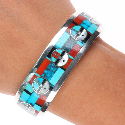 6.5" Gilbert & Mildred Calavaza Zuni inlay sunface sterling silver cuff bracelet