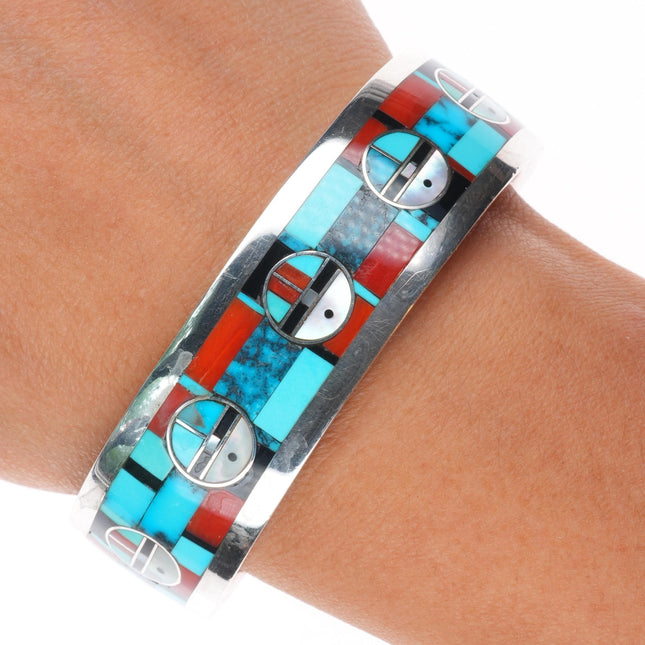 6.5" Gilbert & Mildred Calavaza Zuni inlay sunface sterling silver cuff bracelet