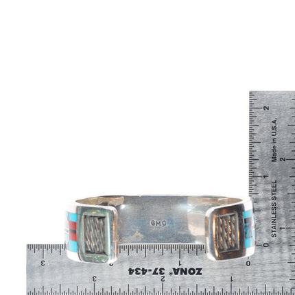 6.5" Gilbert & Mildred Calavaza Zuni inlay sunface sterling silver cuff bracelet