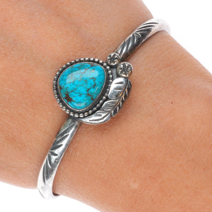 6.6" N Navajo vintage sterling silver spiderweb turquoise cuff bracelet