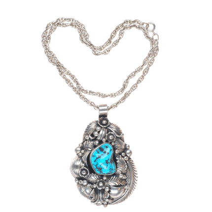Vintage JW Navajo sterling silver featherwork turquoise large pendant/necklace