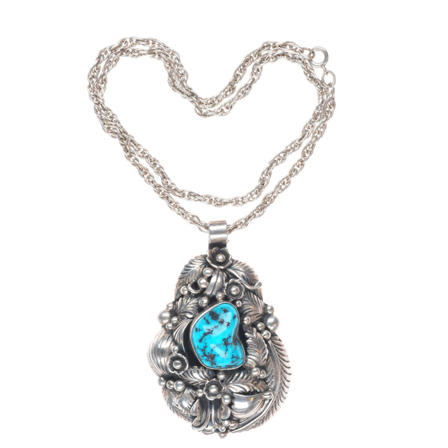 Vintage JW Navajo sterling silver featherwork turquoise large pendant/necklace