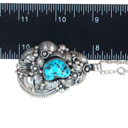 Vintage JW Navajo sterling silver featherwork turquoise large pendant/necklace