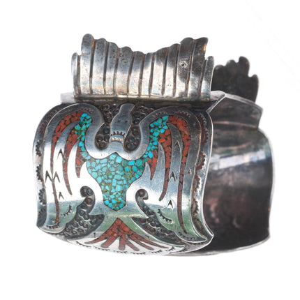 6.75" Vintage Navajo sterling silver Peyote Bird Chip inlay watch cuff bracelet