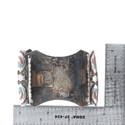 6.75" Vintage Navajo sterling silver Peyote Bird Chip inlay watch cuff bracelet