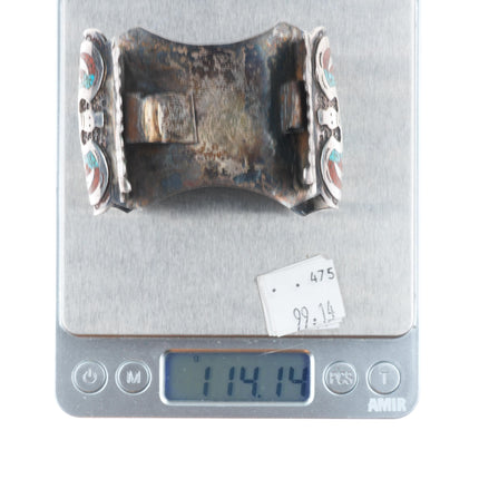 6.75" Vintage Navajo sterling silver Peyote Bird Chip inlay watch cuff bracelet