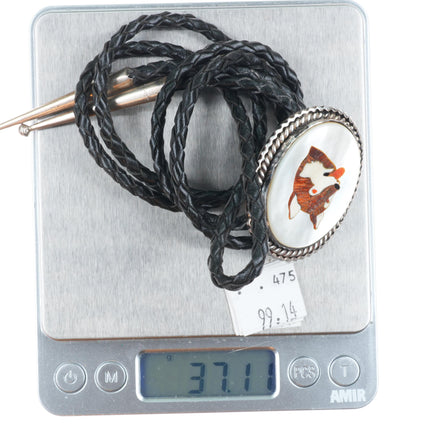 Vintage Native American sterling silver dog inlaid mother of pearl bolo tie