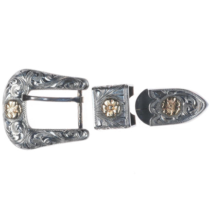 3/4" Clint Orms 14k gold on Sterling silver hand engraved ranger belt buckle set