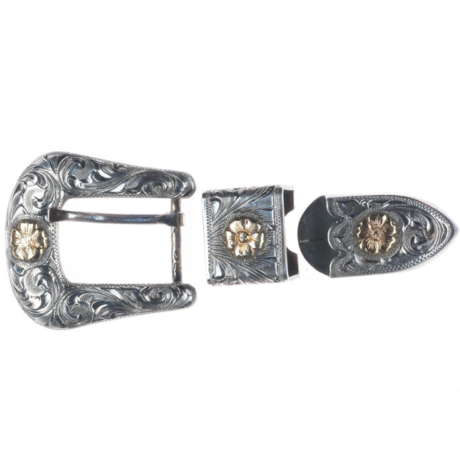 3/4" Clint Orms 14k gold on Sterling silver hand engraved ranger belt buckle set