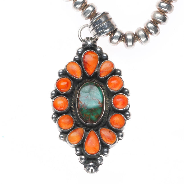 Archie Ganadonegro Navajo sterling silver Royston turquoise spiny oyster pendant