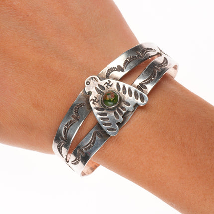7.1" c1930 Navajo sterling silver Cerrillos turquoise whirling log cuff bracelet