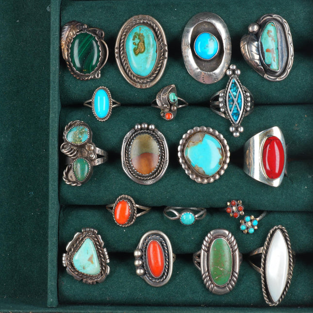 sz4-10 Navajo/Zuni/Southwestern sterling silver turquoise/shell/coral rings lot